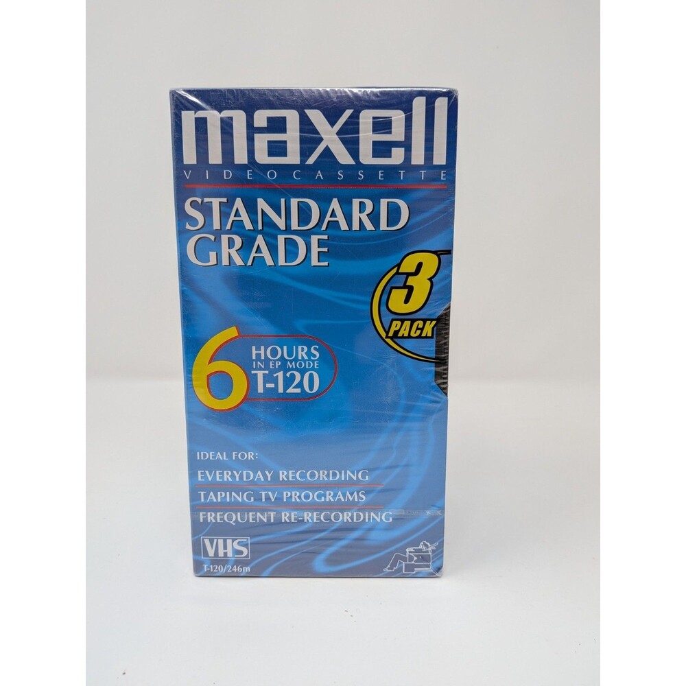 Maxell T-120 VHS 3-Pack Standard Grade 6HR Blank Tapes Factory Sealed NOS